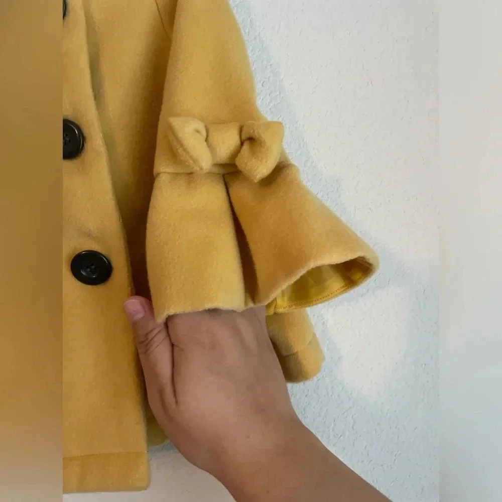 Max Studio toddler girls mustard yellow pea coat with bows on bell sleeves 3T